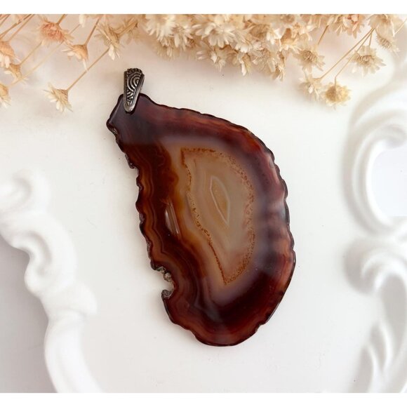 Brown Sliced Banded Agate Geode Crystal Freeform Large Silver T Vintage Pendant - Picture 1 of 12